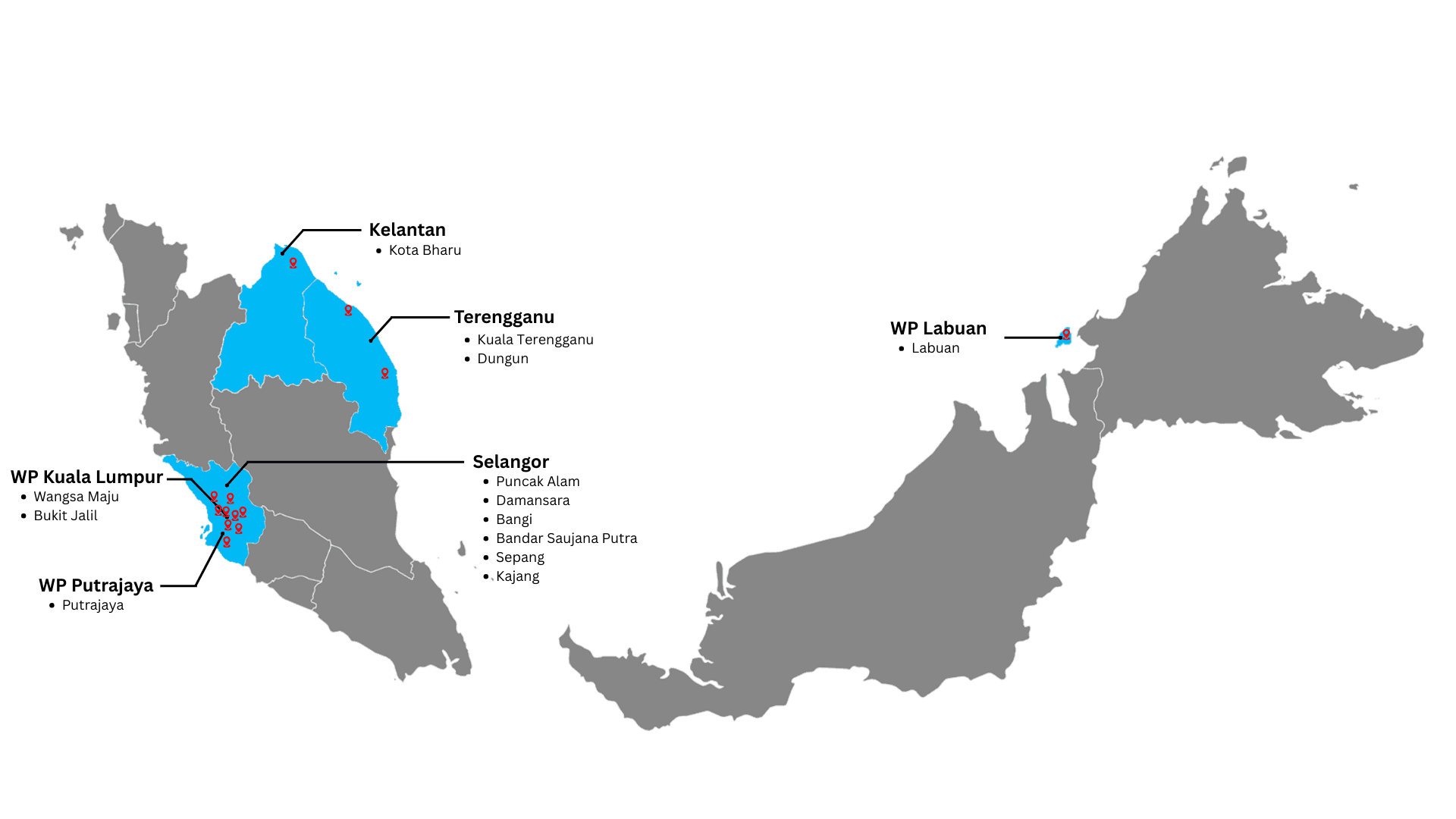 Peta Malaysia menunjukkan lokasi operasi NSR Global Solution
